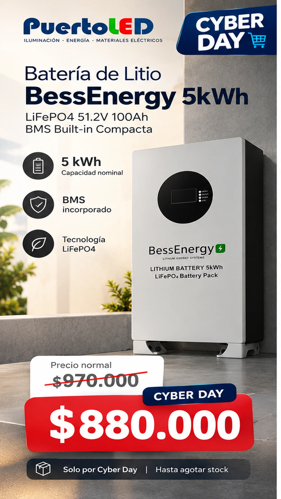 Cyber Day: Batería BessEnergy 5kWh a $880.000
